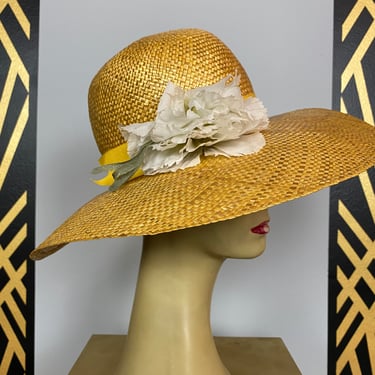 1980s straw hat, wide brim, floppy vintage hat, summer hat, yellow hat, Kentucky derby 
