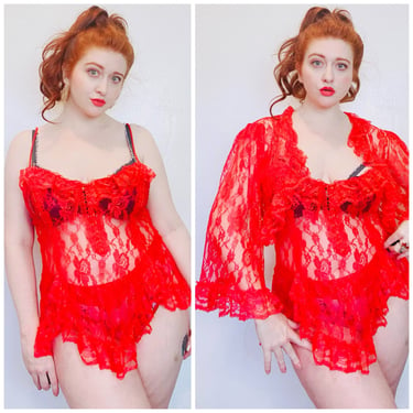 1990s Vintage Encante Red Lace Boudoir Set / 90s Bell Sleeve Cropped Jacket and Nightgown / Large 