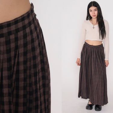 Long Plaid Skirt 80s Merino Wool Maxi Skirt Pleated High Waisted Checkered Print Black Brown Retro Preppy Grunge Boho Vintage 1980s Small S 