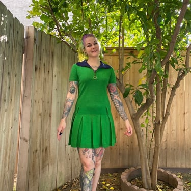 Vintage 1960’s Green Wool Mini Dress with Pleated Skirt 