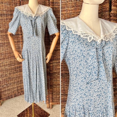 Vintage Cottage Core Dress, Vintage 80s, Big Lace Collar, Front Tie, Patty O'Neil 