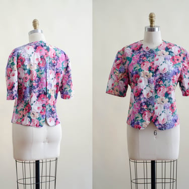 bright floral blouse | 80s vintage pink purple romantic floral chintz puff sleeve cotton blouse 