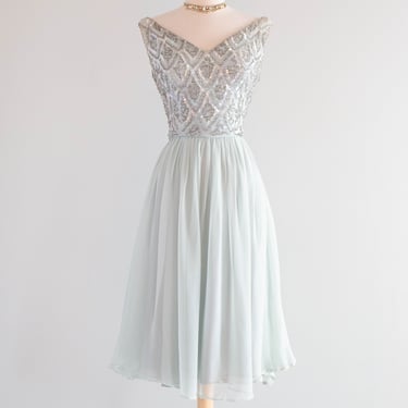 Ethereal Late 1950's Mirror Blue Silk Chiffon Cocktail Dress / M