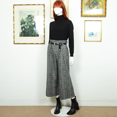 Vintage 1980s Checked Wide Leg Trousers High Waist Size S 