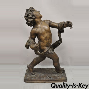 Vintage Cast Fiberglass Bronze Finish 42" Merry Walking Cherub Statue Sculpture