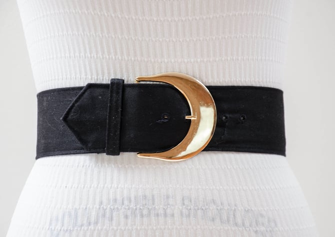 wide black waist belt | 80s 90s vintage black fabric statement waist belt 