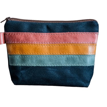 Leather Applique | Handmade Waxed Canvas Zipper Pouch | Pastel Stripe 