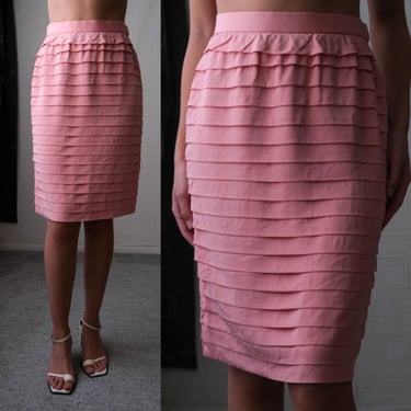 Vintage 80s ANNE KLEIN Cherry Blossom Pink Skirt w/ Silk Layers | 100% Silk | Made in Hong Kong | 1980s Designer Tiered Pencil Skirt 
