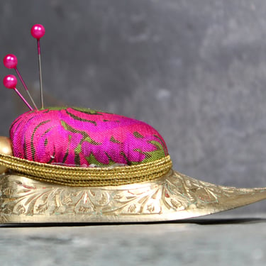 Aladdin's Slipper Pin Cushion - Upcycled Vintage Brass Jutti Slipper Turned Pin Cushion - Handmade  | FREE SHIPPING 