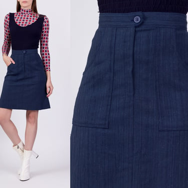 70s Navy Blue A Line Pocket Skirt - Extra Small, 25" | Vintage High Waisted Retro Plain Mini Skirt 