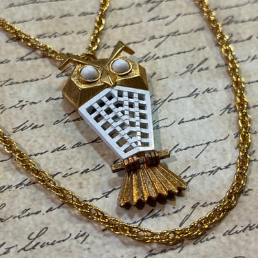 vintage owl necklace 1970s gold enamel pendant and double chain 