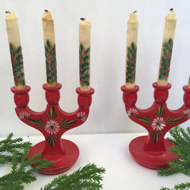 Small Vintage Swedish Candelobras, Set Of 2 Red Painted Mini Candle Stick Holders, Wooden, With Candles 