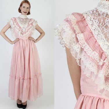 80s Gunne Sax Pink Bridal Dress, High Neck Victorian Full Skirt, Vintage Edwardian Prom Gown 