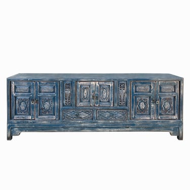 Chinese Distressed Dark Blue Vases Relief Pattern TV Console Table Cabinet cs7738E 