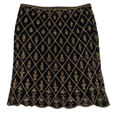 Escada Couture - Black & Gold Beaded Silk Midi Skirt Sz 14