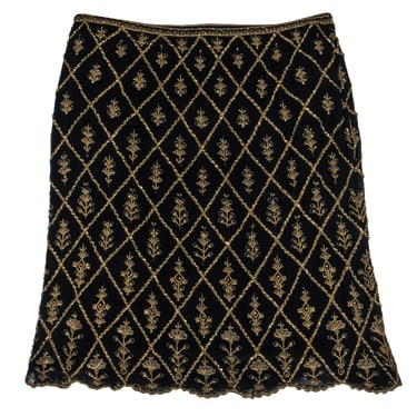 Escada Couture - Black &amp; Gold Beaded Silk Midi Skirt Sz 14