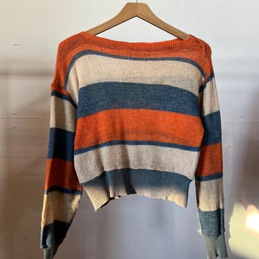 Med, Vintage 1940s Wool Striped Sweater, Orange and Blue 