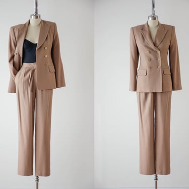 brown wool suit | 70s 80s vintage light brown tan dark academia high waisted pants and coat 2 piece suit set 