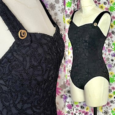 Vintage Swimsuit, Romper, Black One Piece, Textured Pattern, Black On Black, 70s 80s 