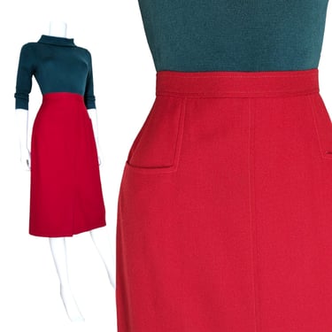 Vintage Red Wool Skirt, Small / 1980s Straight Midi Skirt with Pockets / Mod Knee Length Office Skirt 