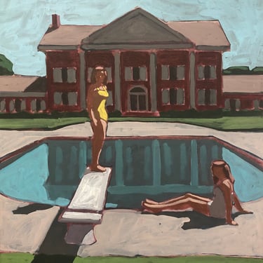 Pool #140 - Original Acrylic Painting on Canvas 16 x 20, michael van, sky, clouds, mid century modern, retro, blue, woman, bathing, swimming 
