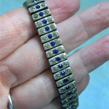 Antique Sterling Rhinestone Deco Bracelet, Sterling Art Deco Bracelet with Clear and Blue Stones, Old Sterling Rhinestone Bracelet (#4096) 