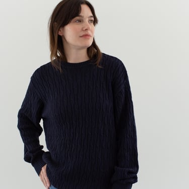 Vintage Navy Blue Cableknit Sweater | Unisex Cotton Fisherman Jumper | M L | 