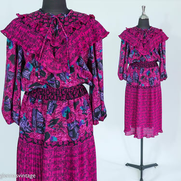 1980s Fuchsia Print Dress | 80s Magenta Dress | Place South | Medium 