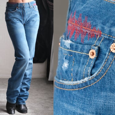 Vintage LEVIS Medium Blue Wash w/ Red Stitching Detail 501 High Waisted Jeans New w/ Tags | Size 28x34 | DEADSTOCK | 2000's Y2k Levis Denim 
