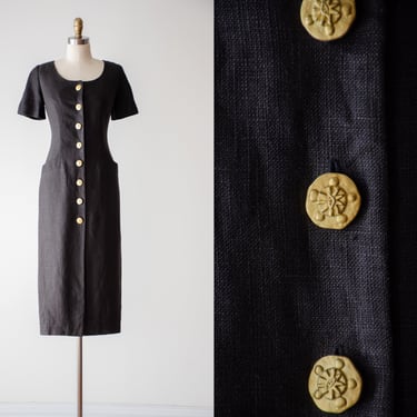 black linen dress | 80s 90s vintage minimalist evil eye statement midi dress 
