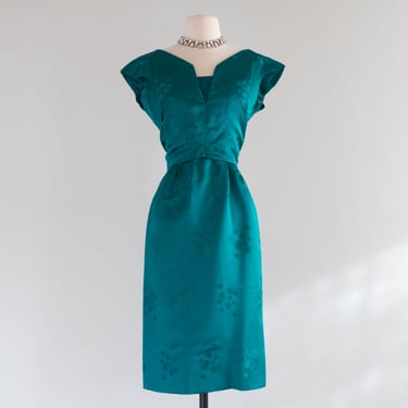 Elegant 1950's Emerald Silk Brocade Cocktail Dress By Adele Simpson / Small