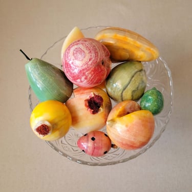 Set of 10 alabaster fruits Vintage stone fruit decor Onyx sculptured fruits with complementary compote vase 