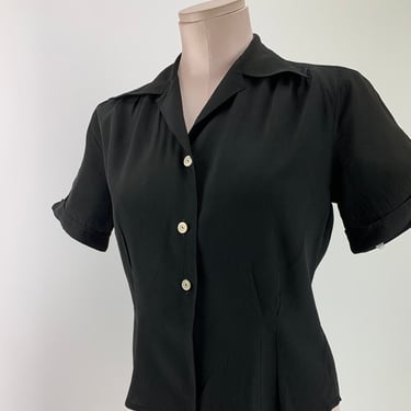 1940's-50's Blouse - Black Rayon Fabric - Cool Carved Shell Buttons - Fitted Bodice - Womens Small to Medium 