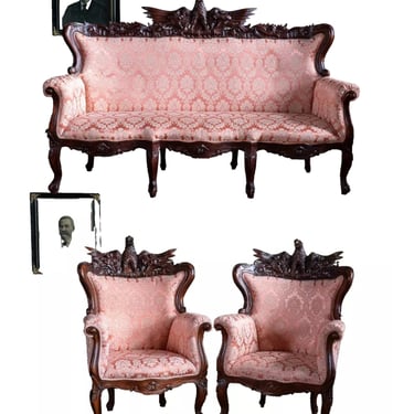 Sofa, 2 Arm Chairs, Set of 3, Victorian Style, Carved, Eagle, Pink, Vintage, 20th