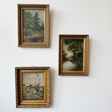 Trio of Original Antique Paintings in Gold Frames