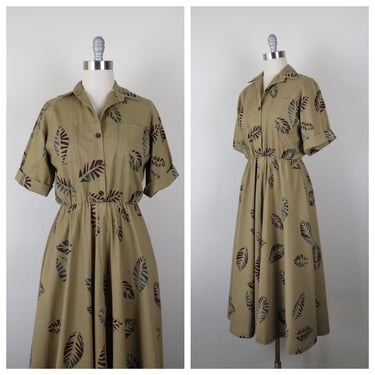 Vintage 1980s cotton shirtwaist dress, botanical print, safari, earth tone, size medium 