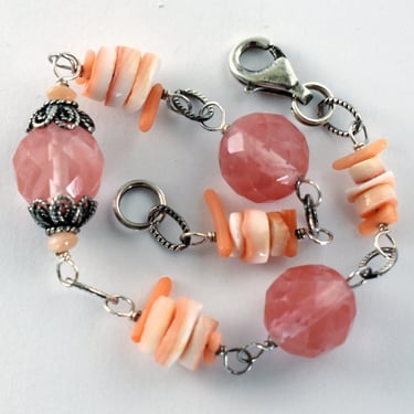 Funky 70's 925 sterling silver spiny oyster spirals pink crystal & jade nephrite beads beach bracelet 