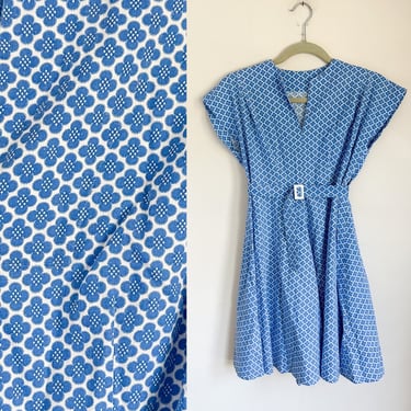 Vintage 1940s Blue Floral Cotton Day Dress / XXS 