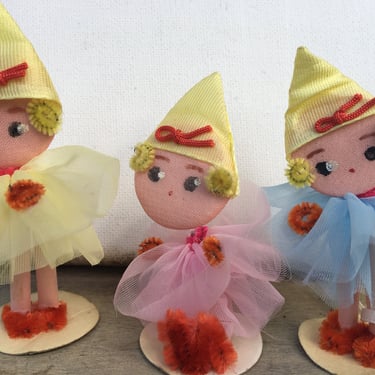 Vintage Pixie Girls, Little Ballerinas, Made In Japan, Net Faces, Chenille Stem Shoes And Hair, Crafting Supplies 