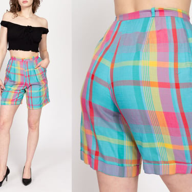 Small 80s Madras Plaid High Waisted Shorts 25.5" | Vintage High Waisted Casual Pleated Shorts 