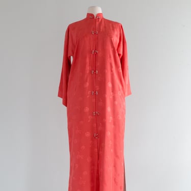 Gorgeous 1960's Coral Silk Lounge Robe With Pale Blue Lining / M