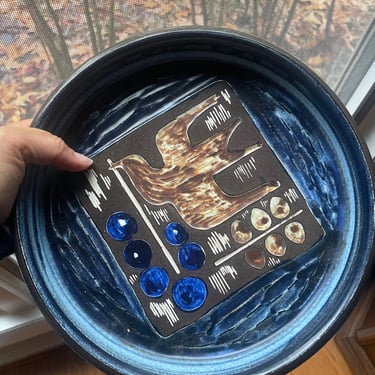 Signed Mid-Century Modern Danish Blue Stoneware Bowl Dish with Bird 