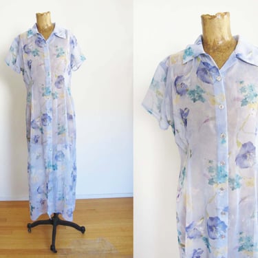 2000s Y2K Sheer Maxi Dress M - Vintage Long Floral Button Up Dress - See Through Lavender Blue Sundress 