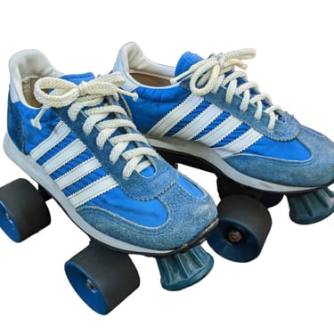 Vintage Roller Skates, Size 5.5 6 / 1970s Roller Girl Skates / White Stripe Blue Sneaker Roller Derby Skates / Retro Blue Tennis Shoe Quads 
