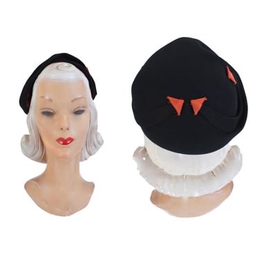 PRISTINE 1940s Black Curvette Hat with Orange Arrow Details - 40s Fall Hat - 40s Autumn Hat - 40s Black Half Hat - 1940s Black & Orange Hat 