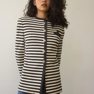 1980s George Simonton Creme and Charcoal Striped Wool Jacket 