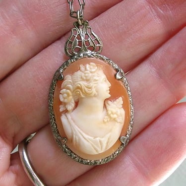 Antique Sterling Cameo Pendant Necklace, Old Carved Cameo With Woman, Antique Silver Cameo Pendant Necklace (#4578) 