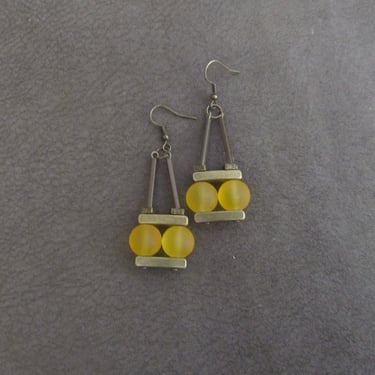 Mid century modern earrings, industrial earrings, yellow frosted glass earrings 