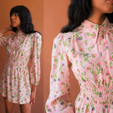 Vintage 70s Floral Mini Dress with Mutton Sleeves/ Size Small 