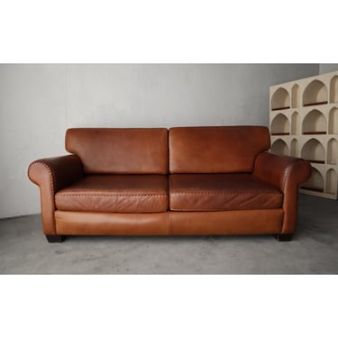 Vintage Patinated Leather Baseball Stich Sofa 